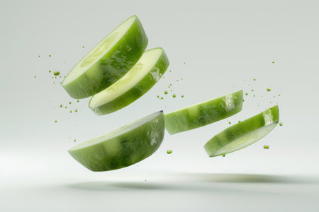 Capture the essence of freshness with these high-quality cucumber slices in 4K. Ideal for food-related projects and advertisements.の素材