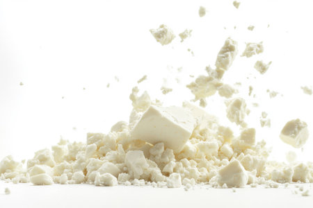 Premium crumbled feta cheese, perfectly lit for freshness and texture, ideal for food advertising campaigns and culinary websites.の素材