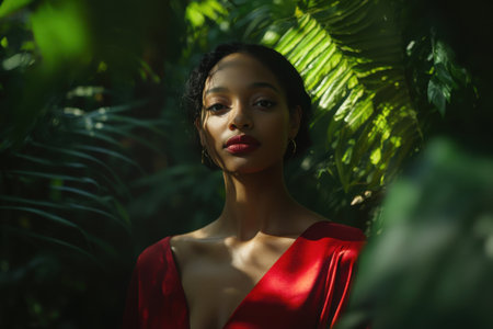 Captivating portrait of a woman in a red silk gown amidst vibrant greenery. Perfect for editorial projects, showing elegance and beauty.の素材