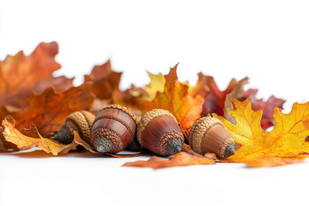 Explore the natural beauty of fallen autumn acorns amidst vibrant leaves in this macro shot. Perfect for advertising campaigns, blogs, and seasonal themes.の素材