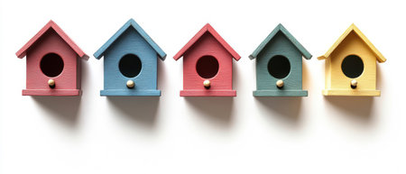 Vibrant set of colorful birdhouses isolated on a white background, perfect for seasonal promotions and advertising campaigns with ample copy space.の素材
