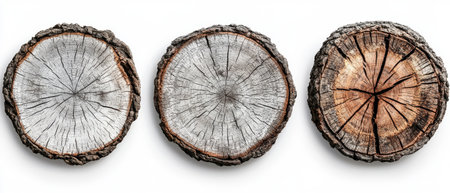 Authentic wooden tree slices featuring stunning cracks, perfect for eco-friendly projects. Ideal for backgrounds and design elements.の素材