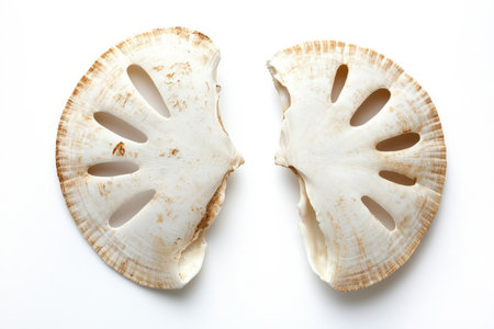 Beautiful broken sand dollar shell halves captured in 4K with studio lighting, perfect for product catalogs and nature-related themes.の素材