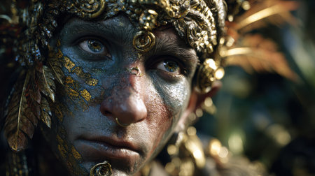 Intense close-up of a tribal warrior's piercing gaze, intricate blue and gold swirls on skin, majestic gold headdress with orange feathers against blurred jungle foliage. Ideal for fantasy films, cultural ads, cosplay inspiration, adventure posters and gaming visuals.の素材