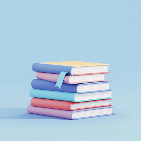 Vibrant pastel stack of 3D rendered books topped with a charming pink ribbon bookmark, ideal for back-to-school ads, reading promotions, and educational graphics. Perfect isolated design on soothing blue backdrop for websites, social media banners, and print materials evoking knowledge and learning joy.の素材