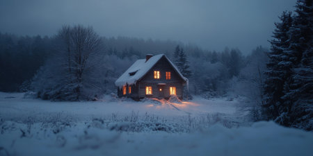 Warm golden lights shine from a rustic log cabin nestled in a snow-blanketed forest clearing under foggy blue twilight, evoking serene winter hygge. Perfect for holiday ads, cabin rental promotions, seasonal blogs, and cozy home decor visuals.の素材