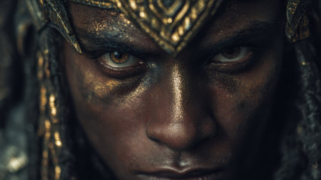 Intense close-up of a dark-skinned warrior king featuring intricate gold crown, smeared metallic makeup, and piercing eyes for epic fantasy ads, movie posters, and cultural campaigns. Dramatic shadows and golden highlights capture raw power and regal menace, ideal for book covers, game art, and tribal heritage promotions.の素材