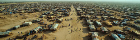 This expansive overhead view captures the immense scale of a sprawling desert refugee camp with endless tents flanking a main dirt path dotted by distant people. Ideal for humanitarian NGOs, news journalism, documentaries, and awareness campaigns highlighting displacement crises.の素材