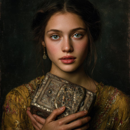 This captivating close-up portrait features a striking young woman with piercing green eyes and flushed cheeks cradling an intricately carved wooden treasure chest, evoking mystery and allure. Ideal for fantasy book covers, jewelry campaigns, historical fashion editorials, or luxury ads with its dramatic lighting and vintage elegance.の素材