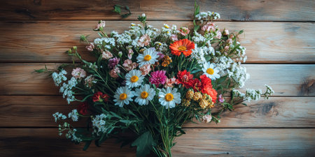 Vibrant mix of white daisies, orange marigolds, chamomile, and baby's breath casually bunched on warm rustic wood planks, ideal for wedding invites, spring blog headers, and floral e-commerce. Evokes fresh garden charm and natural beauty for ads, social media graphics, and rustic decor inspirations.の素材