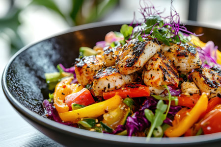 Eye-catching poke bowl featuring stacked seared ahi tuna cubes atop sliced bell peppers, shredded purple cabbage, and fresh microgreens in a sleek black bowl. Perfect for healthy restaurant menus, fitness blogs, social media food posts, and promoting nutritious seafood meals.の素材