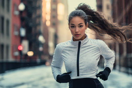 Energized mixed-race woman in athletic gear powers through a snowy city street at night, hair whipping in motion under dramatic orange lamps and falling flakes. Ideal for winter fitness ads, urban lifestyle campaigns, and motivational wellness content boosting health brands.の素材