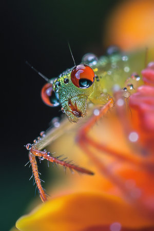 Captivating macro view of a green praying mantis with piercing red eyes and glistening dew drops perched on a bright orange flower petal. Perfect for wildlife posters, nature education, garden blogs, and insect-themed designs highlighting predatory beauty and fresh morning vibes.の素材