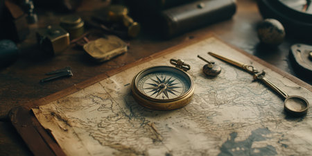 Evoke epic adventures and pirate tales with this richly detailed scene of a gleaming brass compass atop a weathered world map, surrounded by explorer essentials like magnifying glass and brass instruments. Ideal for book covers, travel posters, history blogs, and treasure hunt graphics to captivate audiences seeking mystery and discovery.の素材