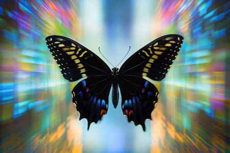 Stunning black Pipevine Swallowtail butterfly featuring yellow spots, blue iridescence, and red accents against a vibrant multicolored radial glow. Perfect for fantasy graphics, nature ads, wildlife banners, and transformative digital art projects.の素材