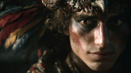 This striking closeup of an indigenous warrior with vibrant feather headdress and fierce war paint captures primal power for adventure movies cultural campaigns or fantasy ads. Dramatic lighting highlights intense eyes and ornate beads evoking ancient rituals and exotic heritage. Perfect for high-impact visuals in travel history and entertainment marketing.の素材