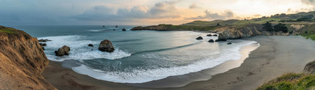 Epic wide panorama captures Big Sur-style rugged coastline with towering sea stacks, turquoise waves crashing on sandy shores, and dramatic cloudy sunset skies. Ideal for travel posters, adventure blogs, and coastal marketing to evoke wild nature and wanderlust.の素材