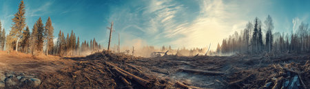 Dramatic wide-angle view of scorched pine forest devastation post-wildfire, featuring ash-covered ground, toppled logs, and hazy golden sunlight piercing blue skies. Perfect for environmental campaigns, climate change visuals, disaster recovery articles, and nature editorial banners evoking urgency and rebirth.の素材