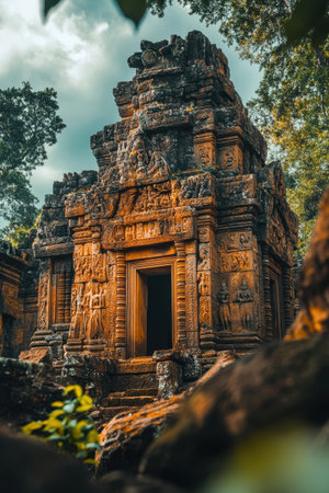 Capture the mystical allure of an ancient sandstone Khmer temple enveloped in lush tropical foliage and vines in Cambodia's Angkor region. Perfect for travel ads, history articles, adventure campaigns, and heritage tourism visuals with unique warm lighting and intricate carvings.の素材