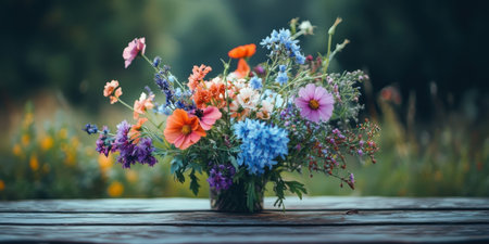 Stunning mix of wildflowers featuring orange poppies, blue cornflowers, pink cosmos and more in a fresh bouquet on dark rustic wood with soft green garden blur. Perfect for wedding decor, floral ads, garden blogs and spring marketing campaigns evoking natural joy and color.の素材