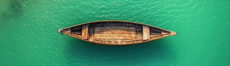 Rustic wooden canoe centered and floating peacefully on rippling turquoise waters from a striking overhead perspective, evoking serenity and adventure. Perfect for tropical travel ads, nature blogs, and wanderlust campaigns highlighting exotic escapes and tranquil journeys.の素材