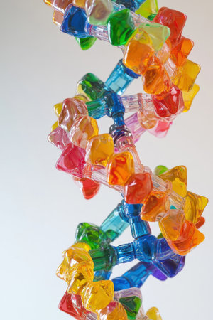 Eye-catching double helix DNA structure built from glossy, jewel-toned beads in every rainbow hue, twisting dynamically for a futuristic genetic vibe. Ideal for biotech ads, science education graphics, medical infographics, and STEM learning materials with easy white background compositing.の素材