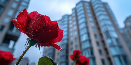 Striking close view of a vibrant red rose covered in glistening dew drops set against modern high-rise buildings and blue sky. Perfect for romantic urban ads, city lifestyle campaigns, perfume branding, and floral contrast visuals in editorial or social media content.の素材