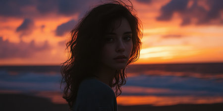 Captivating backlit silhouette of a young woman with flowing hair against a fiery orange-pink sunset over crashing ocean waves, evoking serenity and romance for travel ads and lifestyle campaigns. Perfect for website heroes, social media inspiration, and wellness branding with golden hour glow and coastal drama.の素材