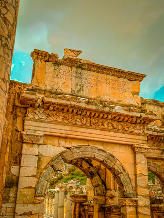 Ornate pediment with Latin inscription crowns the central arched entrance of the Library of Celsus,...