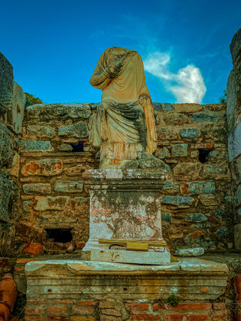 Headless figure in flowing drapery stands tall on a weathered pedestal base, framed by rugged stone...