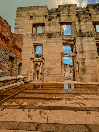 Weathered beige stone arches and openings of the Library of Celsus reflect sharply in shallow puddles across the wet plaza, capturing symmetrical echoes of ancient Roman grandeur. Patches of azure sky pierce through jagged frames amid overcast clouds, highlighting textured walls and subtle red brick accents.の写真素材