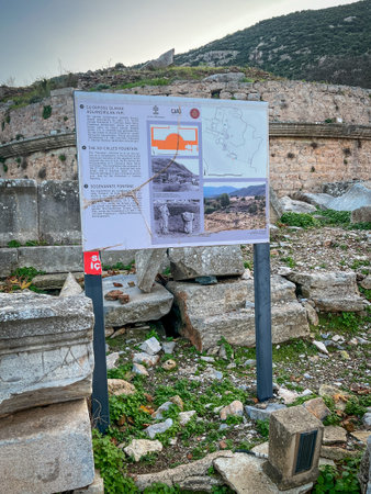 Mounted on sturdy poles, the large signboard presents detailed site maps, topographic diagrams, and archival images amid scattered ancient stone blocks and remnant walls. Overgrown with patches of green grass and weeds, the foreground rubble contrasts the rising hillside under soft, overcast light.の写真素材