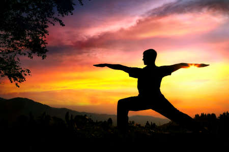 Man silhouette doing virabhadrasana II warrior pose with tree nearby outdoors at sunset backgroundの写真素材