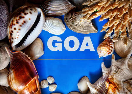 Seashells, coral and stones around blue paper with title GOA with free space for text