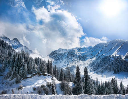 Winter Snowy Mountains valley with fog and sun in Chumbulak, Almaty, Kazakhstanの写真素材