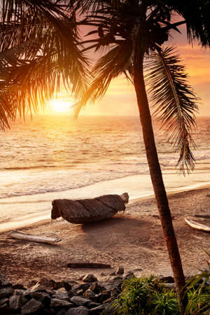 Fisherman boat on the beach at dramatic sunset sky and palm tree silhouette  の写真素材