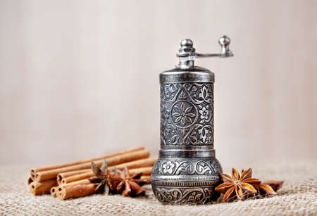 Spice mill with cinnamon bark and star badyan on textured brown sackの写真素材