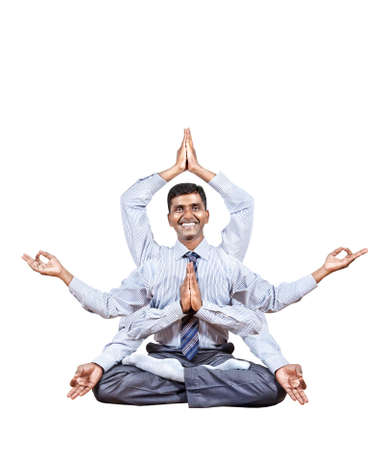 Indian businessman with many hands in lotus pose with big smile isolated on white background. Free space for your textの写真素材
