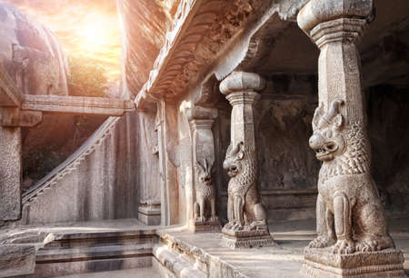 Ancient cave with animal column in Mamallapuram, Tamil Nadu, Indiaの写真素材