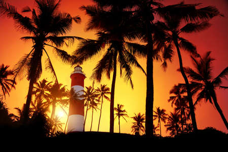 Lighthouse around palm trees at orange sunset sky in Kovalam, Kerala, India  の写真素材