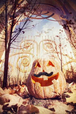 Halloween pumpkin near the gate in autumnの写真素材