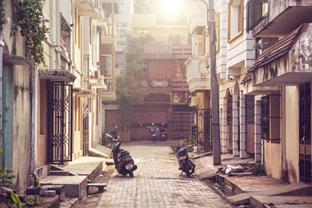 Puducherry, INDIA - January 27: Street with motorbikes and scooters in French part of Puducherry, also known as Pondicherry, on January 27, 2013.のeditorial素材