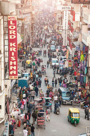 NEW DELHI, INDIA - JANUARY 29, 2012  View to crowded street with shops, hotels, transport and people in Main Bazaar or Paharganj のeditorial素材