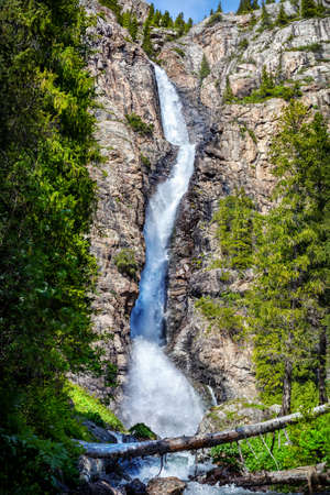 Burhan Bulak Mountain waterfall in the mountains of Dzungarian Alatau, Kazakhstan, Central Asiaの写真素材