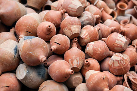 Clay money boxes at street market in Kathmandu, Nepalの写真素材