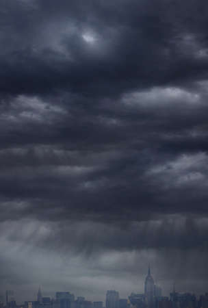Storm dark cloudy sky and New York cityscape vertical premade background