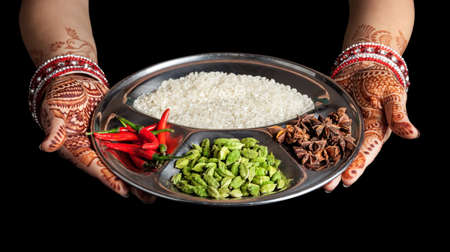 Woman hands with henna holding plate with rice and spices isolated on black background with clipping pathの写真素材