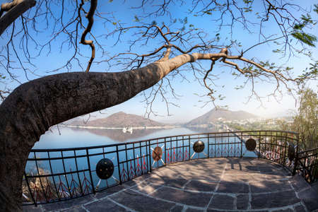 Fateh Sagar lake and Udaipur city view from the Nehru park in Rajasthan, Indiaの写真素材