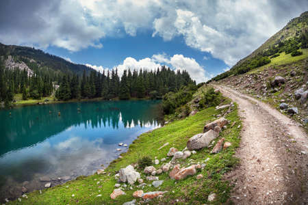 Mountain Saint lake in Gregory gorge in Kyrgyzstan, Central Asiaの写真素材