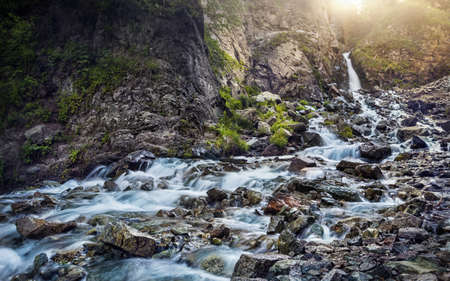 Waterfall in the mountain gorge near Almaty, Kazakhstan, Central Asiaの写真素材